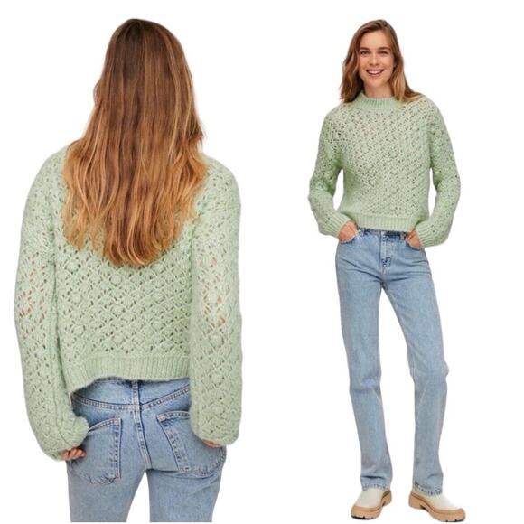Mango MNG Chunky Open Knit Sweater Sz M Mint Color Alpaca Poly Blend Oversized - Picture 1 of 9